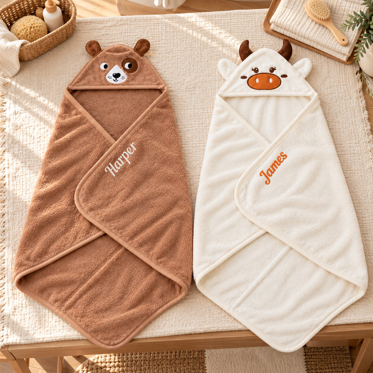 Personalized Hooded Baby Towel, Custom Name Animal Bath Towel for Babies