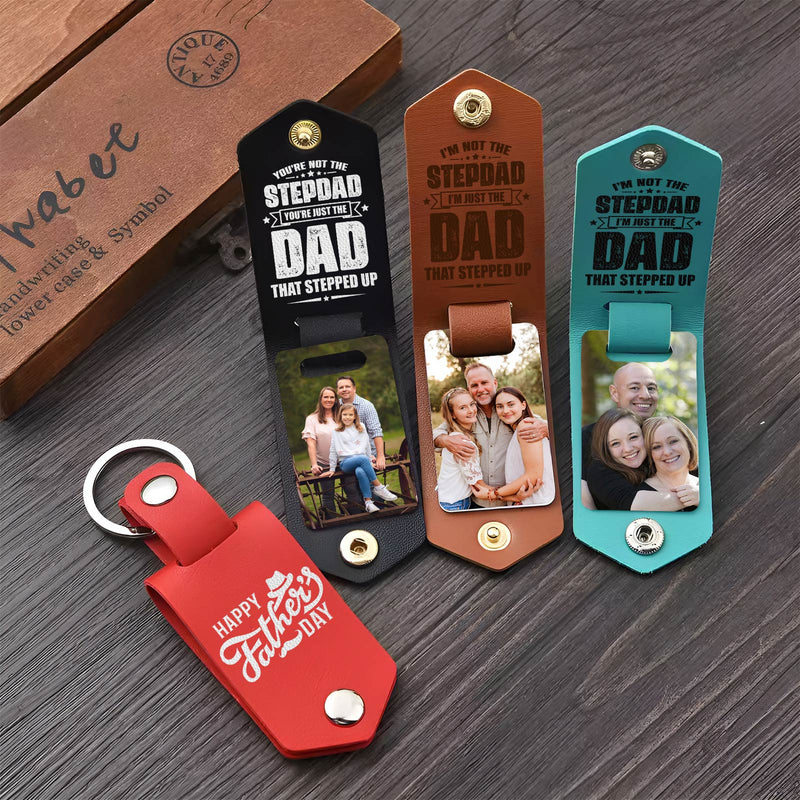 365Gifty Personalized Dad Stepped Up Leather Keychain – Custom Family Photo Gift