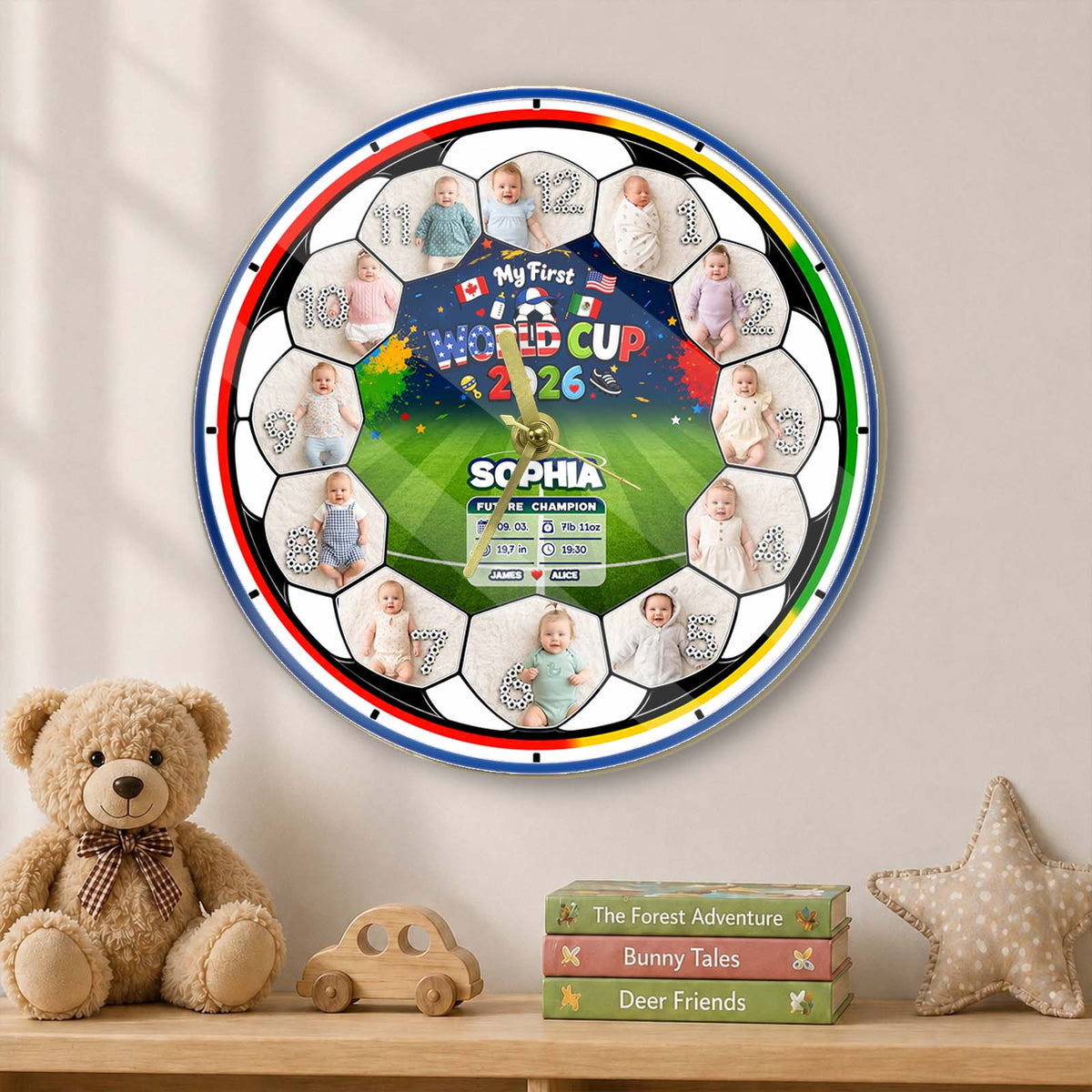 My First World Cup 2026 Baby Clock – Personalized First Year Milestone Keepsake, Custom Baby Photo Soccer Nursery Decor