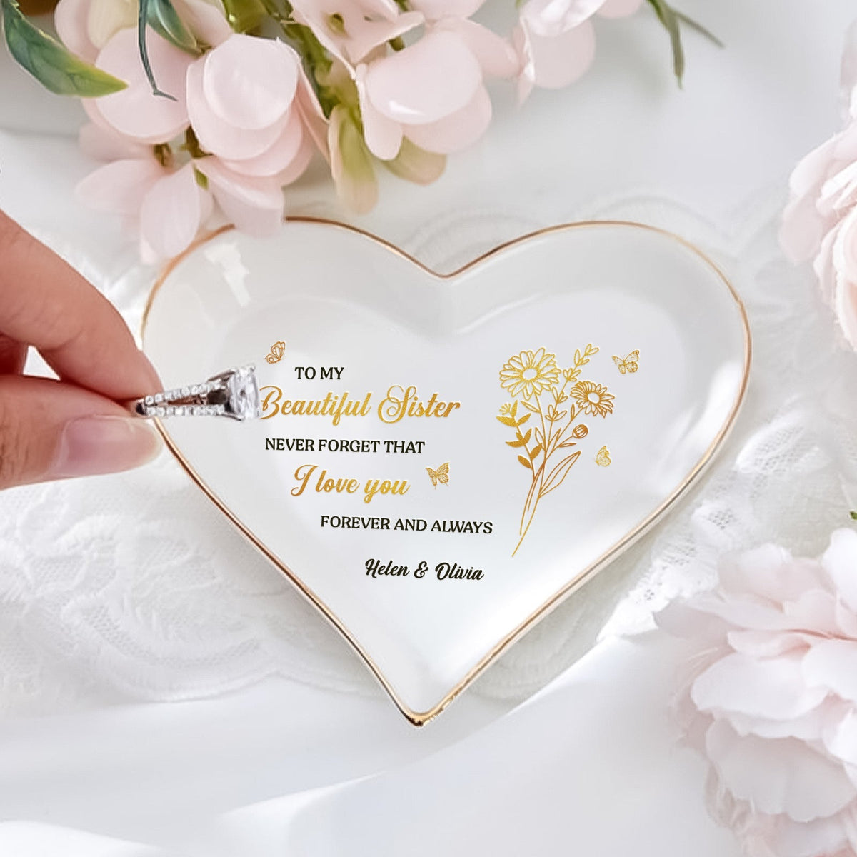 Besties - To My Beautiful Sister - Personalized Heart-Shaped Jewelry Dish
