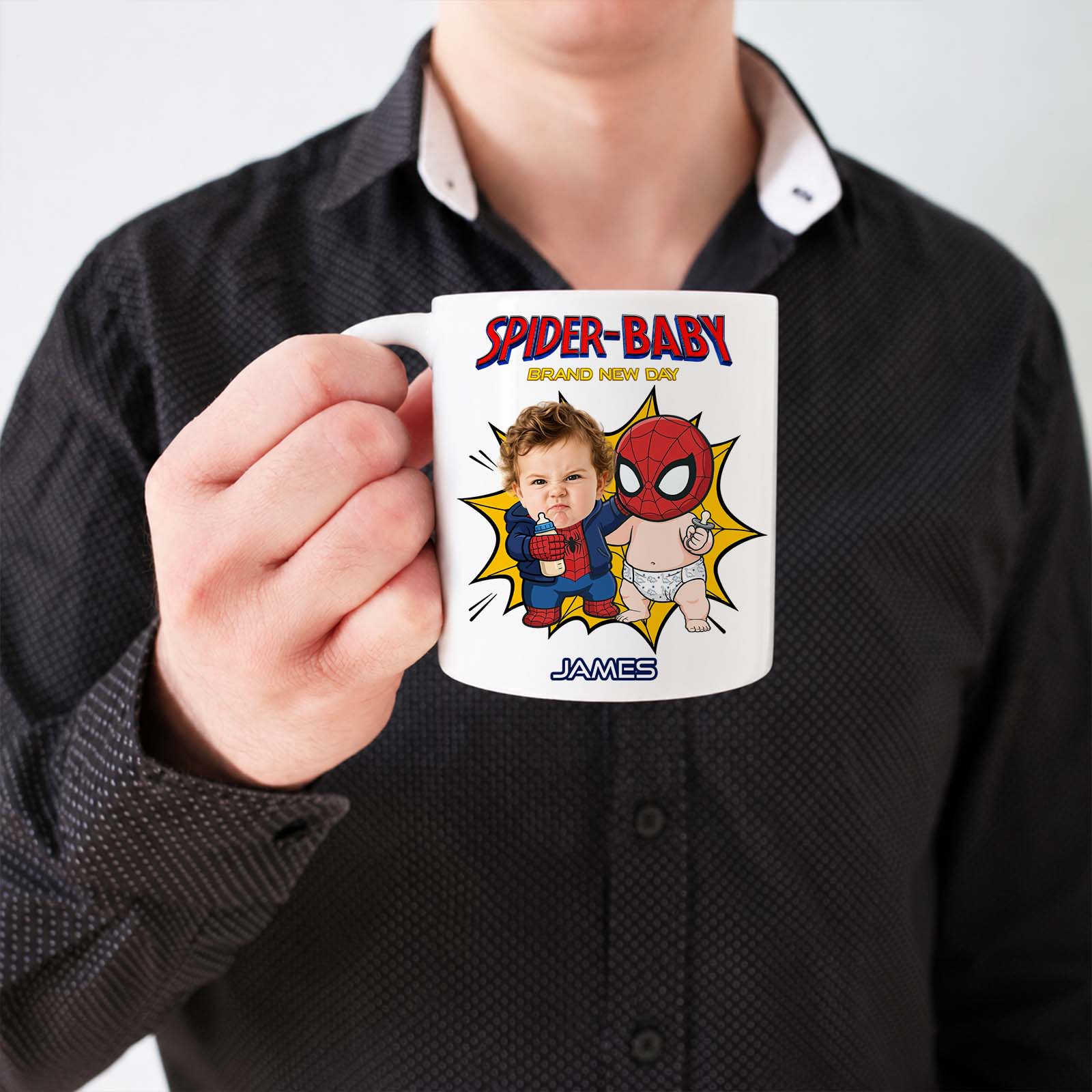 Personalized Spider Baby Mug – Custom Baby Face Superhero Coffee Mug, Funny Baby Keepsake Gift