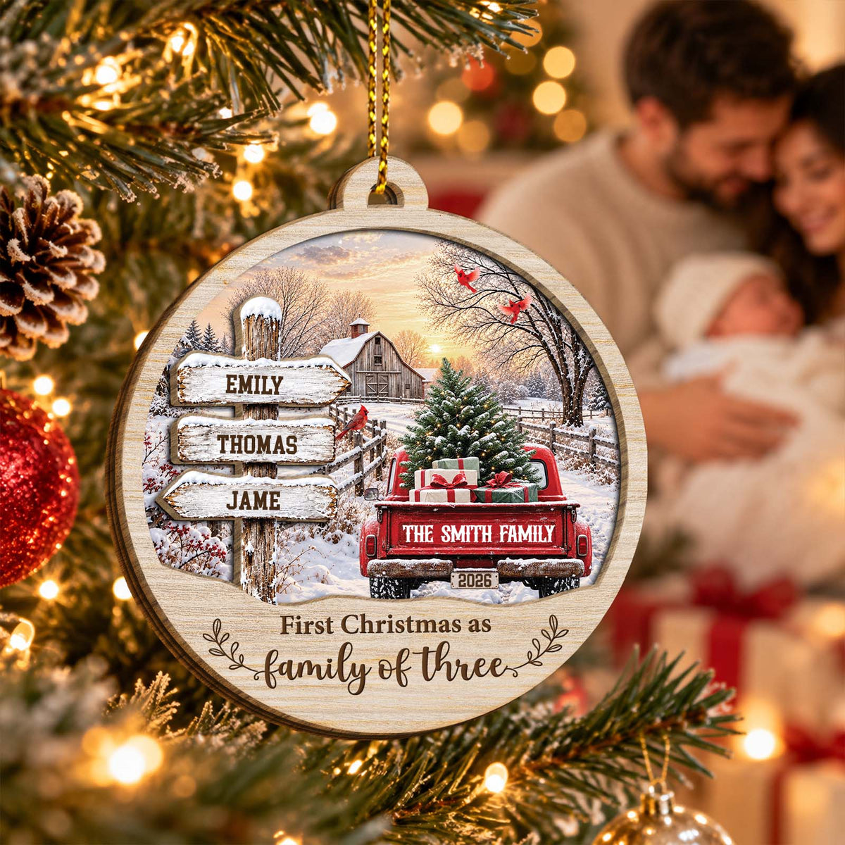 Personalized Family Names Christmas Ornament – Custom Family Name & Member Names, Rustic Wooden Holiday Keepsake