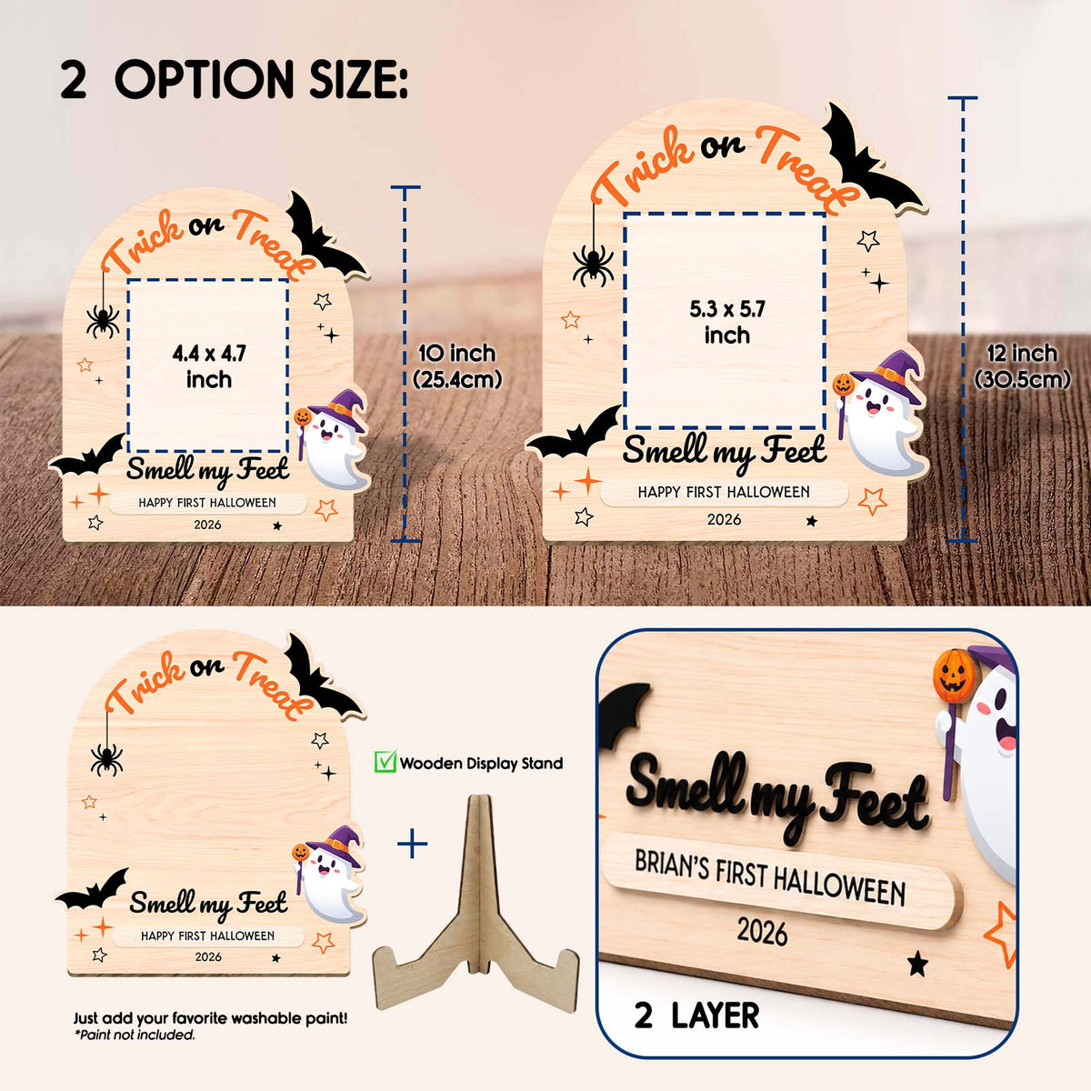 Personalized First Halloween Keepsake Wooden Sign, Custom Baby Halloween Footprint Decor