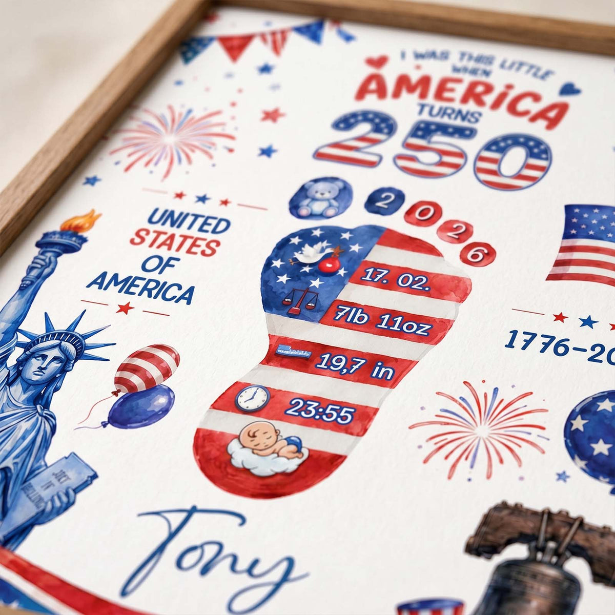 Personalized Baby Footprint Art – America 250 Anniversary Edition, Custom Birth Stats Nursery Decor