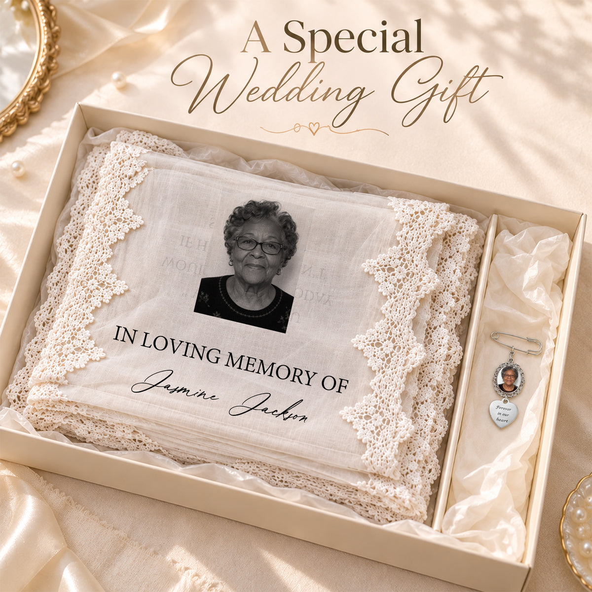 Personalized Wedding Memorial Decor, Custom Photo Pin & Lace Yarn Hanging