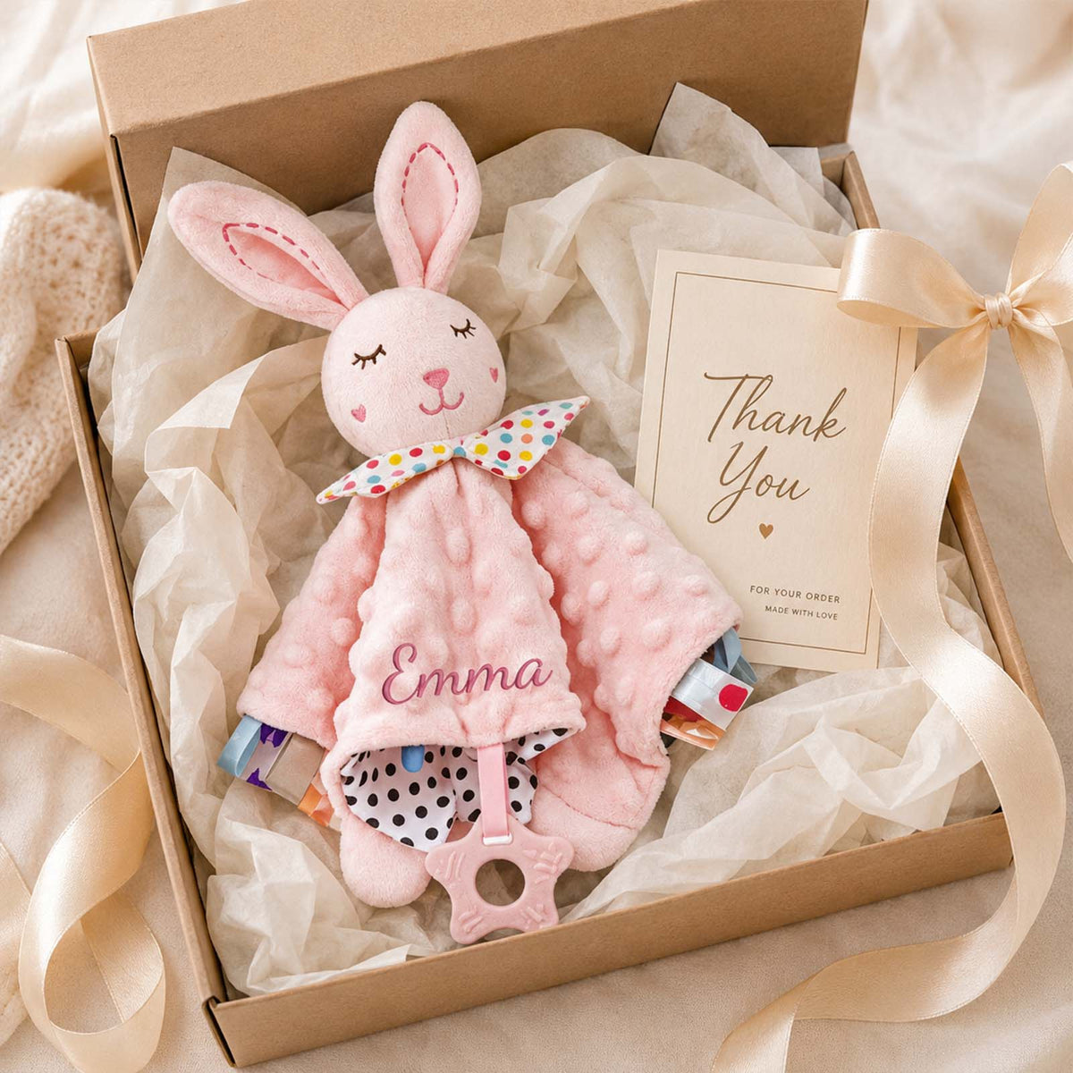 Personalized Minky Dot Lovey Blanket, Embroidered Name, Crinkle Sensory Security Toy