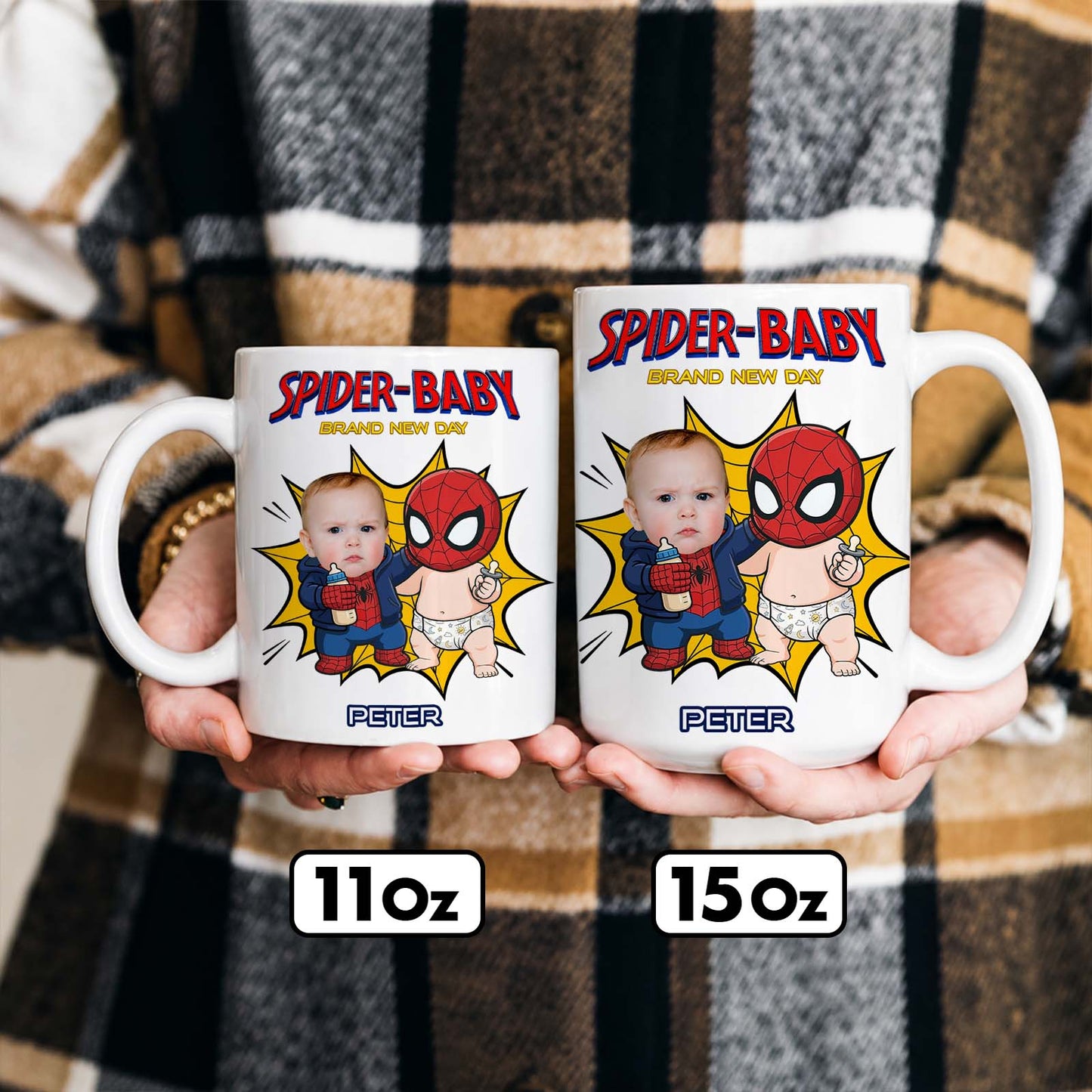 Personalized Spider Baby Mug – Custom Baby Face Superhero Coffee Mug, Funny Baby Keepsake Gift