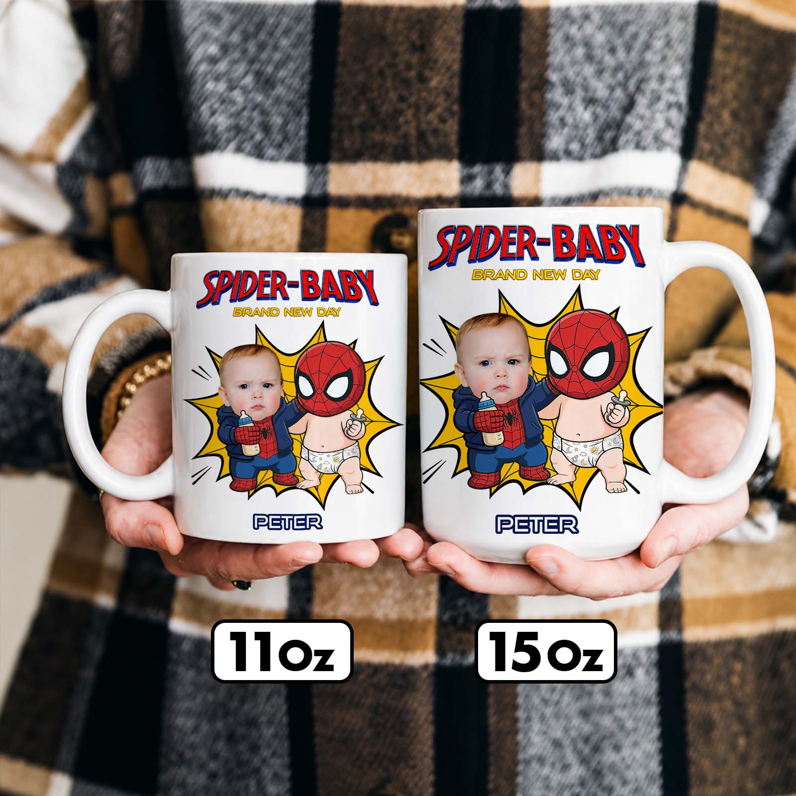 Personalized Spider Baby Mug – Custom Baby Face Superhero Coffee Mug, Funny Baby Keepsake Gift