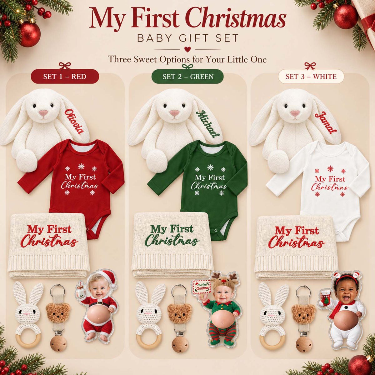 Personalized Baby’s First Christmas Gift Set, Custom Christmas Bodysuit, Bunny & Keepsake Blanket