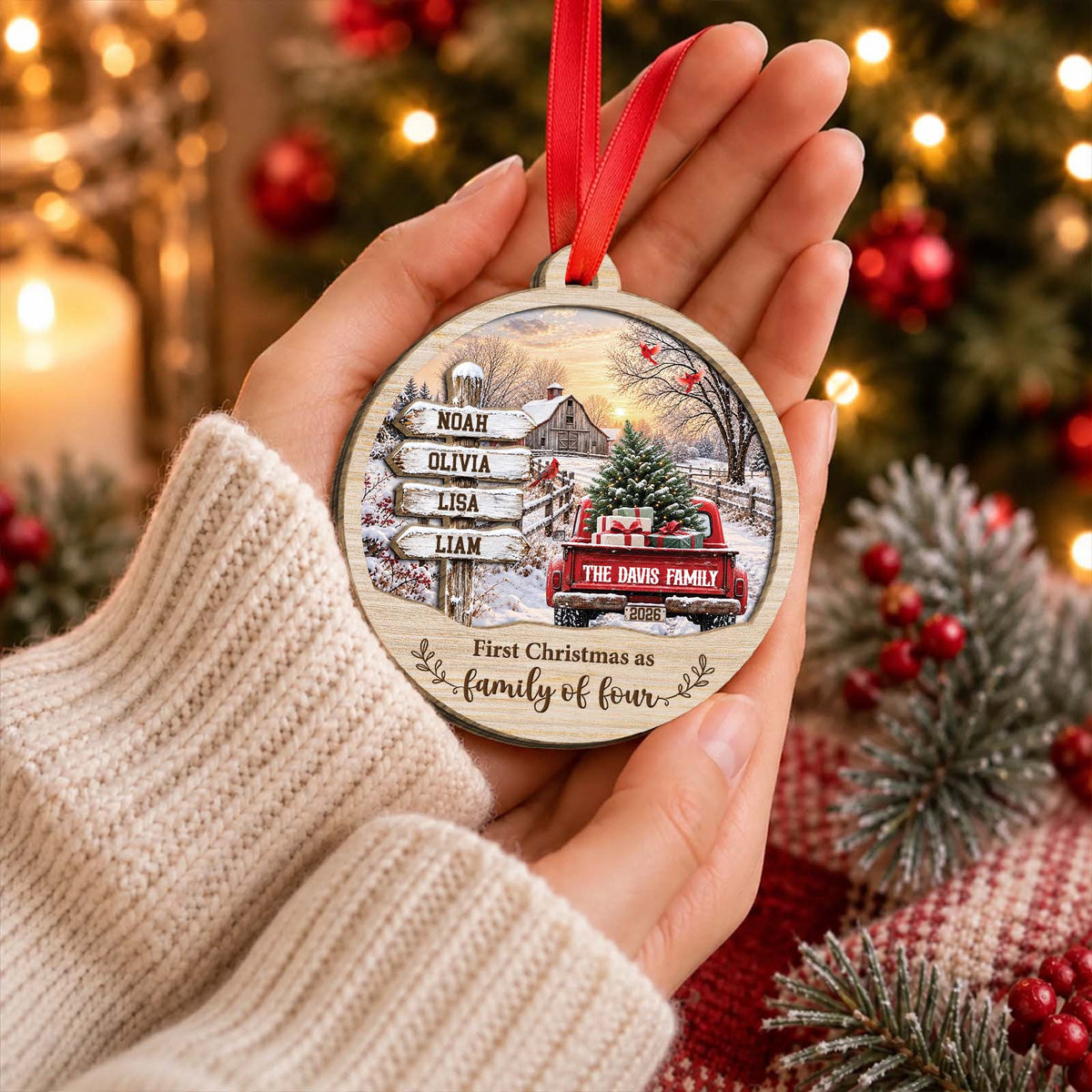 Personalized Family Names Christmas Ornament – Custom Family Name & Member Names, Rustic Wooden Holiday Keepsake