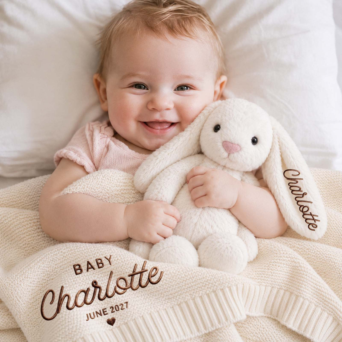 Personalized Baby Shower Gift Set, Custom Baby Bodysuit, Blanket & Mom Dad Hats