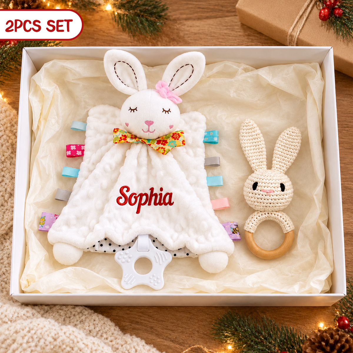 Coffret cadeau personnalisé pour le premier Noël de bébé, body de Noël personnalisé, couverture lapin et souvenir