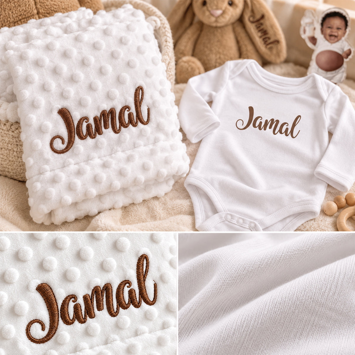 Personalized Newborn Gift Set, Custom Baby Bodysuit, Blanket & Plush Rabbit