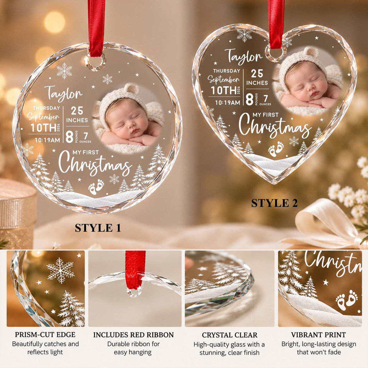 Personalized Baby First Christmas Ornament – Custom Baby Photo & Birth Details LED Keepsake Gift