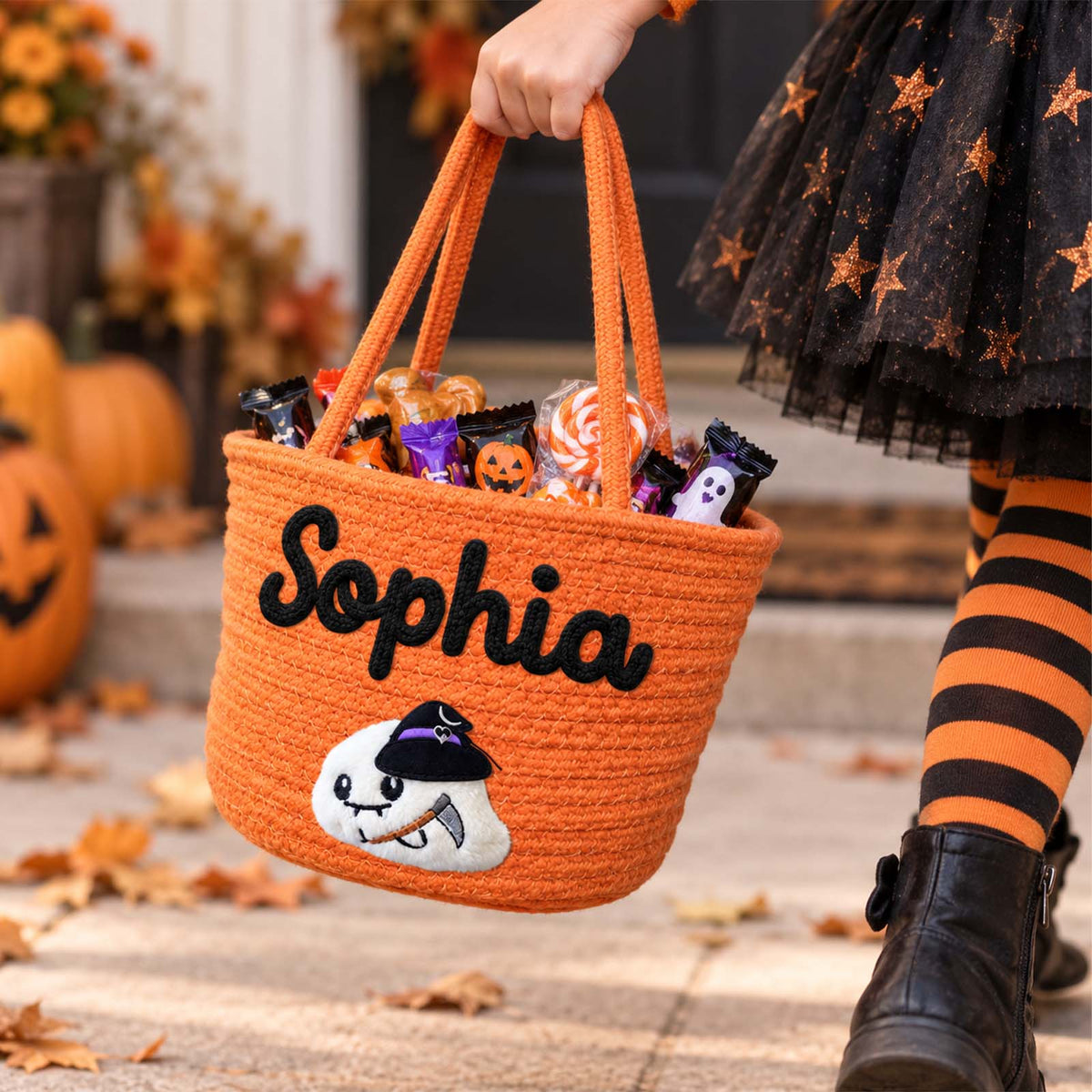 Personalized Handheld Round Basket, Custom Name Halloween Candy Basket