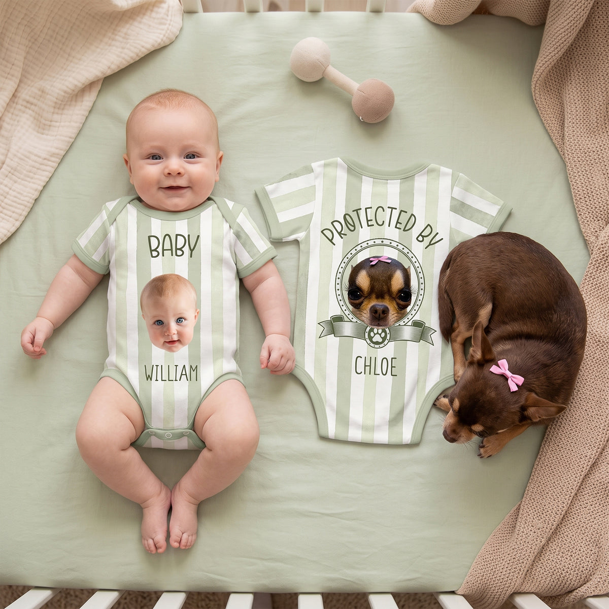 Personalized Striped Pet & Baby Bodysuit – Custom Baby & Pet Portrait, Family Baby Shower Gift