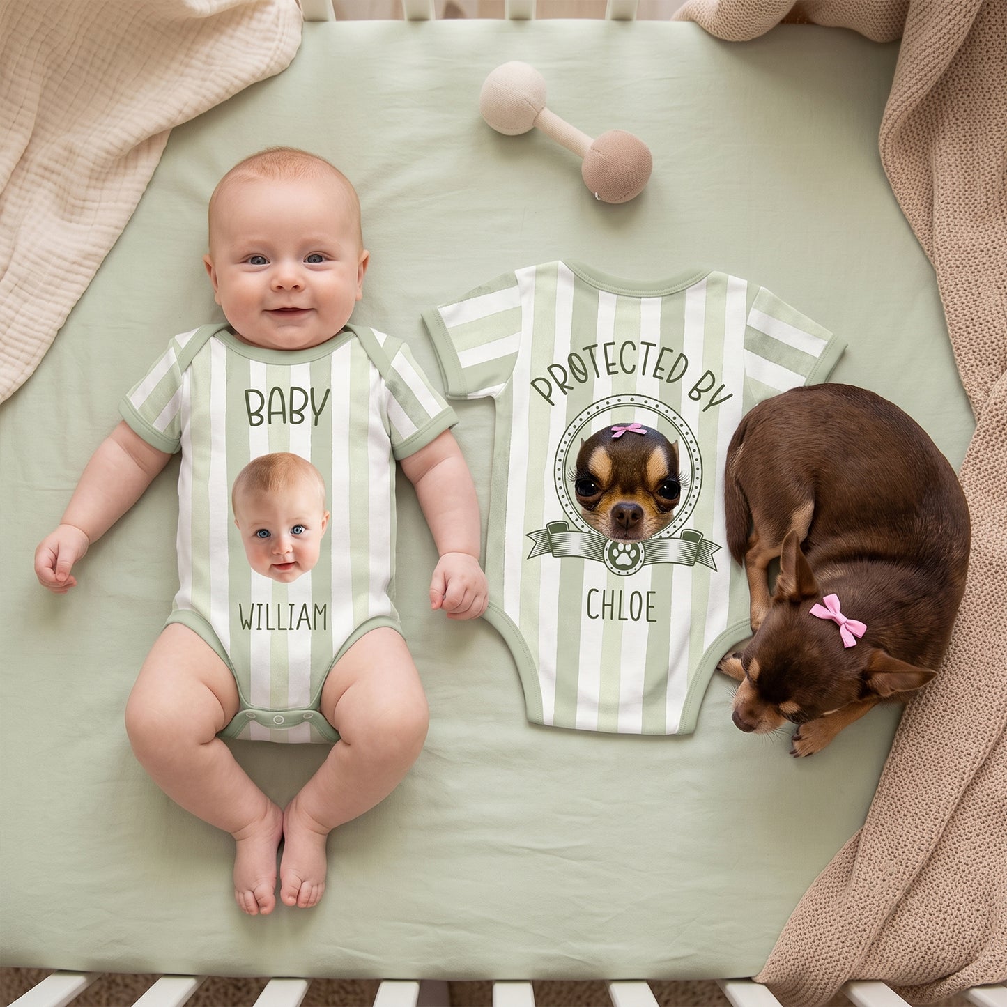 Personalized Striped Pet & Baby Bodysuit – Custom Baby & Pet Portrait, Family Baby Shower Gift