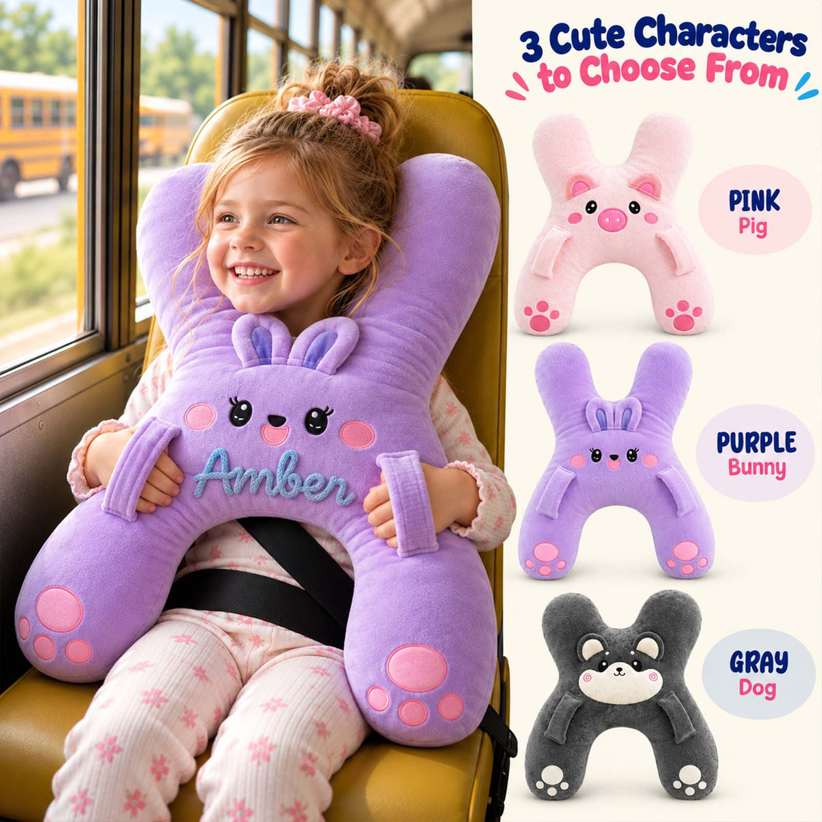 Personalized Car Sleeping Pillow, Custom Name Animal Plush Pillow for Kids