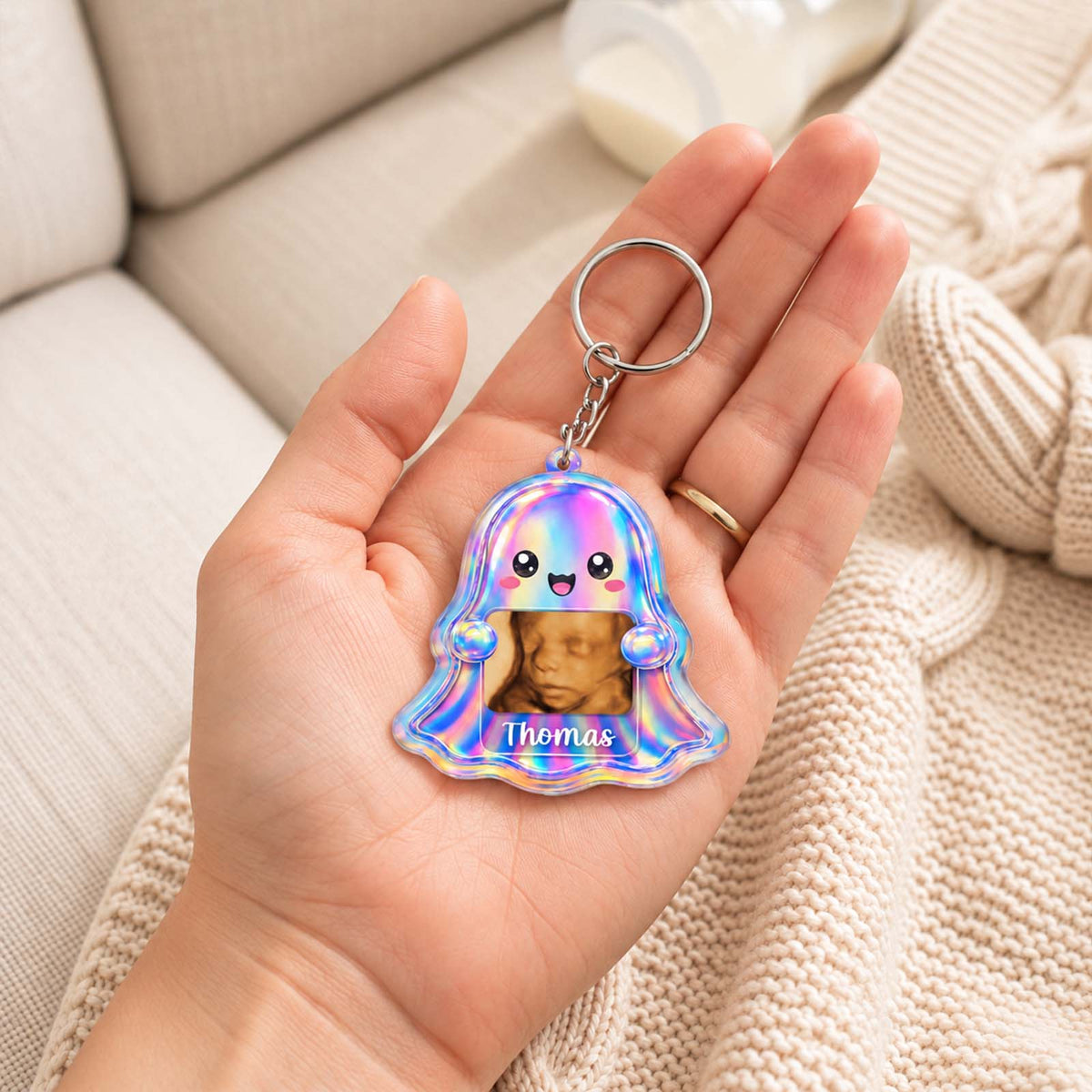 Cute Holographic Ghost Sonogram Shaker Keychain - Custom Baby Ultrasound Announcement Keepsake