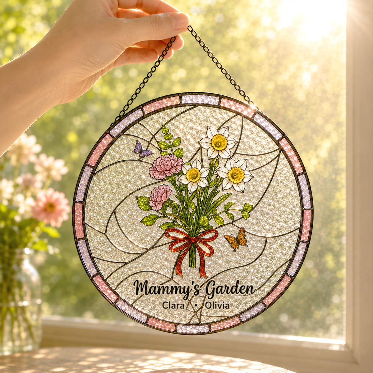 Personalized Birth Flower Bouquet Suncatcher – Custom Family Names Stained Glass Gift for Mom, Grandma & Nana