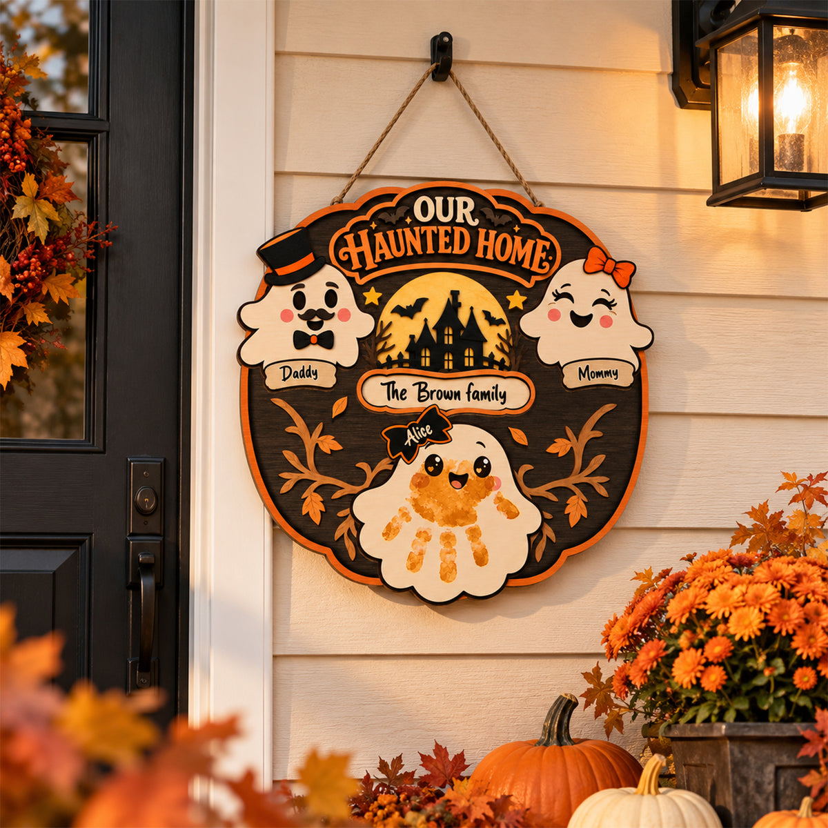 Personalized Halloween Family Handprint Wooden Wreath – Custom Family Names & Handprints, Halloween Door Decor