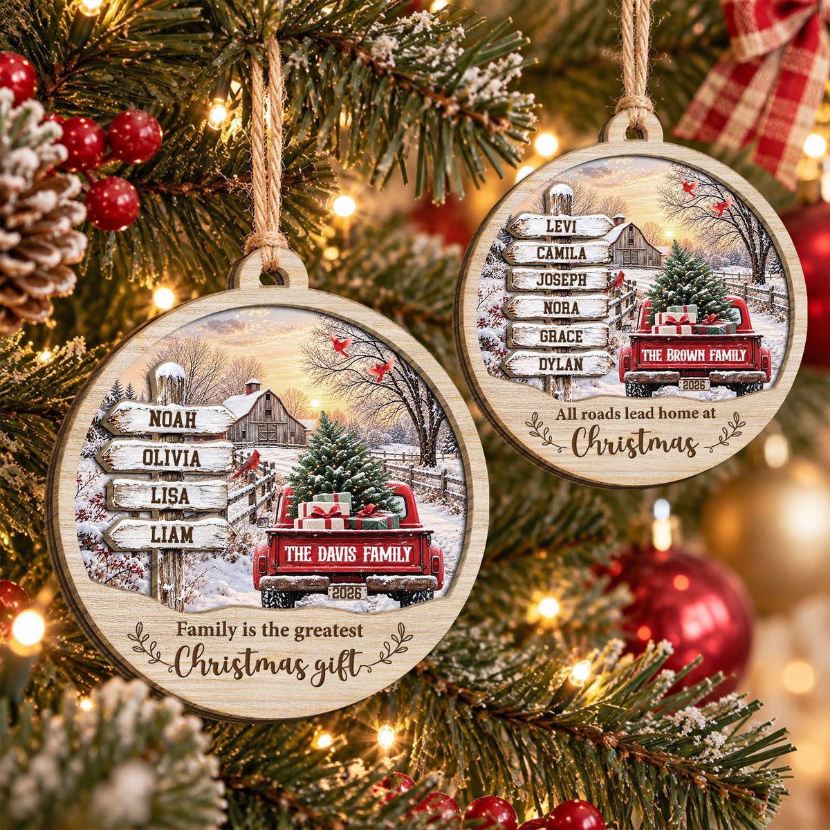 Personalized Family Names Christmas Ornament – Custom Family Name & Member Names, Rustic Wooden Holiday Keepsake