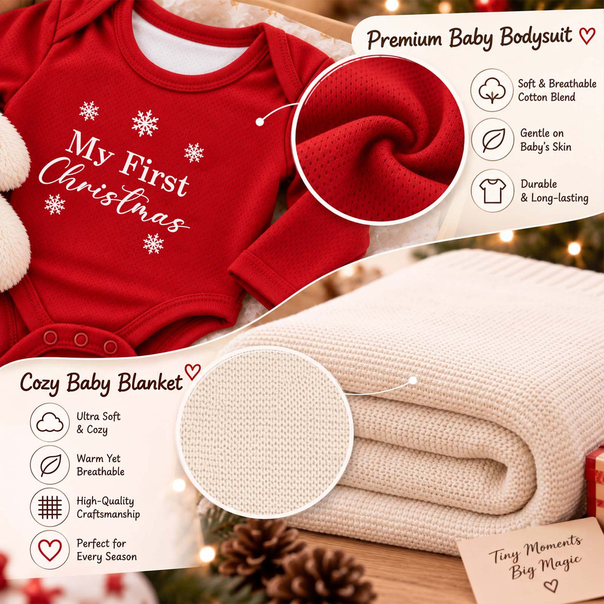 Personalized Baby’s First Christmas Gift Set, Custom Christmas Bodysuit, Bunny & Keepsake Blanket