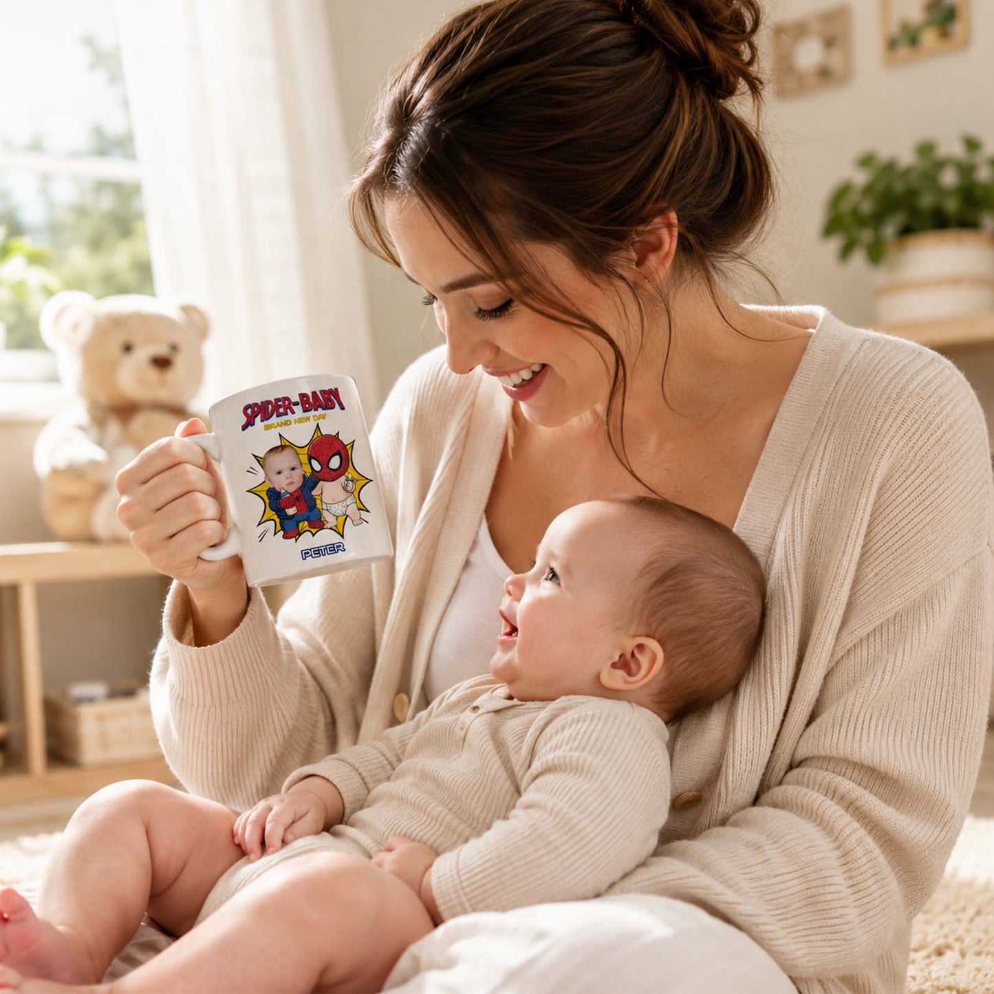 Personalized Spider Baby Mug – Custom Baby Face Superhero Coffee Mug, Funny Baby Keepsake Gift
