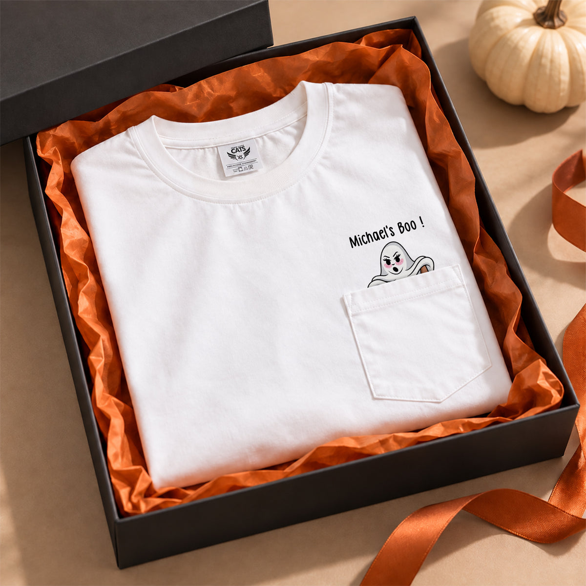 T-shirt d'Halloween personnalisé, t-shirt drôle avec fantôme à la poche rétractable