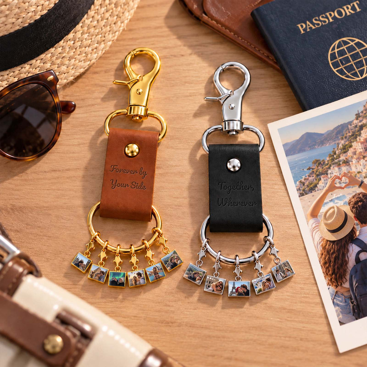 Personalized Travel Souvenir Keychain, Custom Photo Memory Keychain with Leather Strap