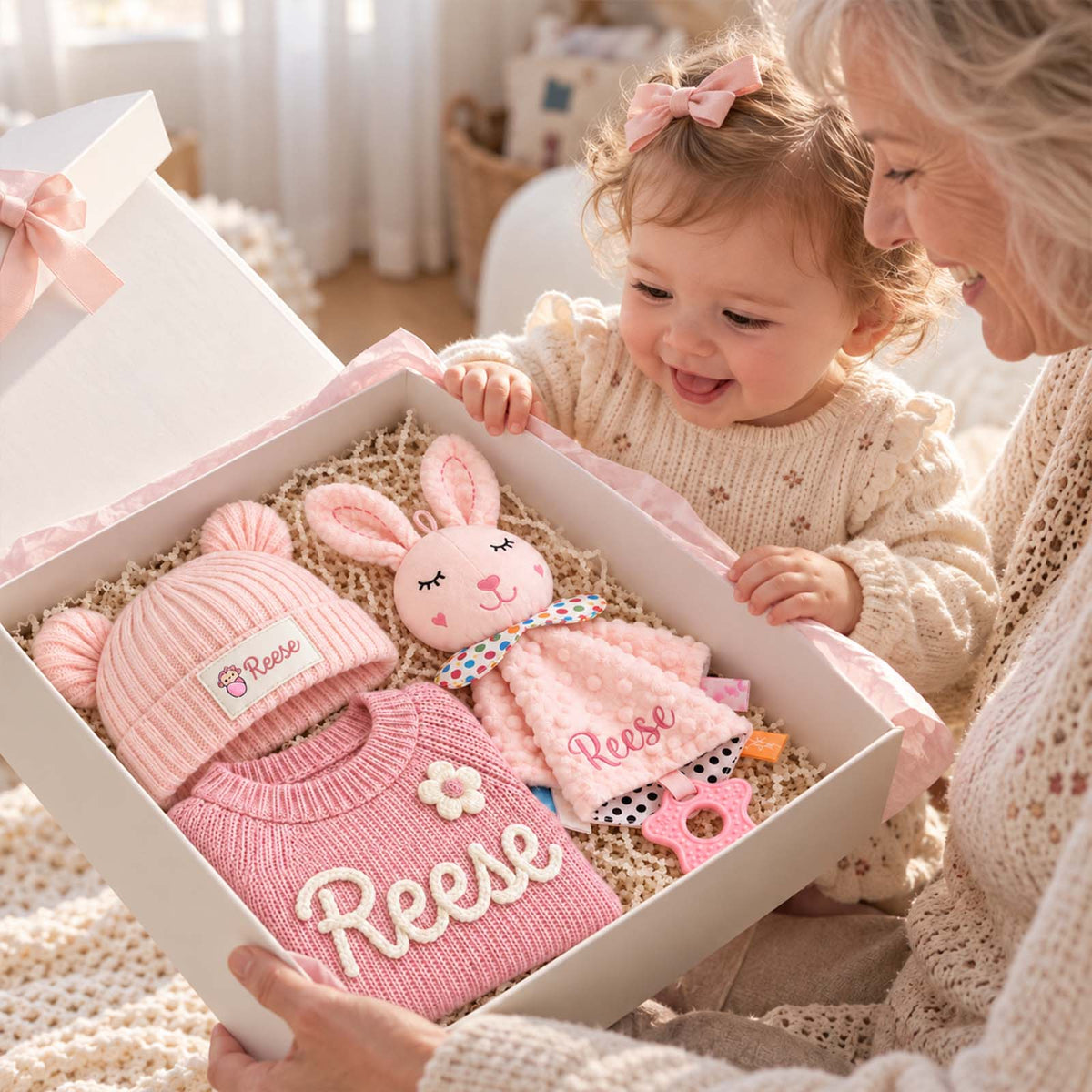 Personalized Baby Gift Set - Custom Name Knit Sweater, Bear Beanie Hat & Animal Lovey Blanket