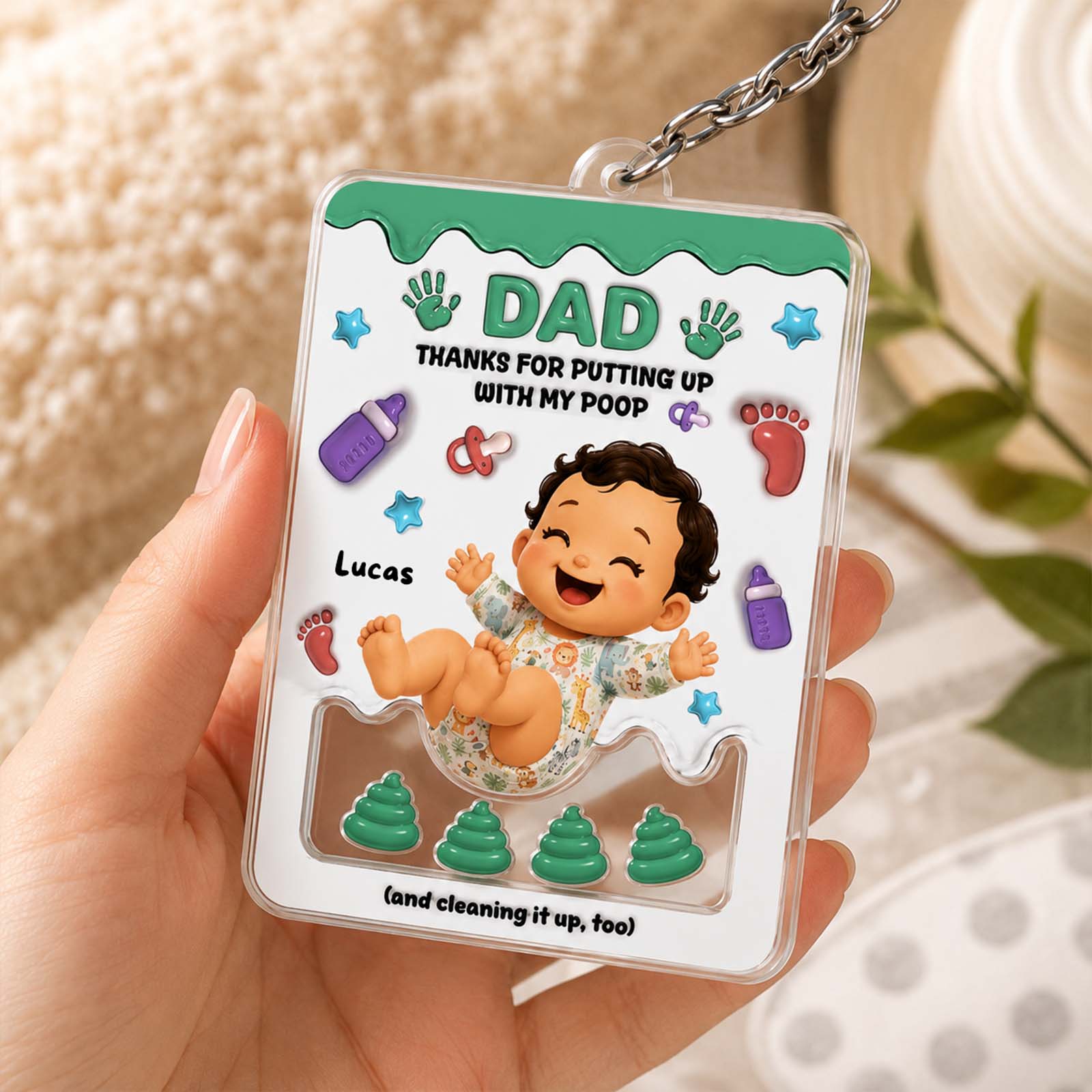 Personalized "Thanks for Putting Up With My Poop" Shaker Keychain – Custom Baby Gift for Mom & Dad