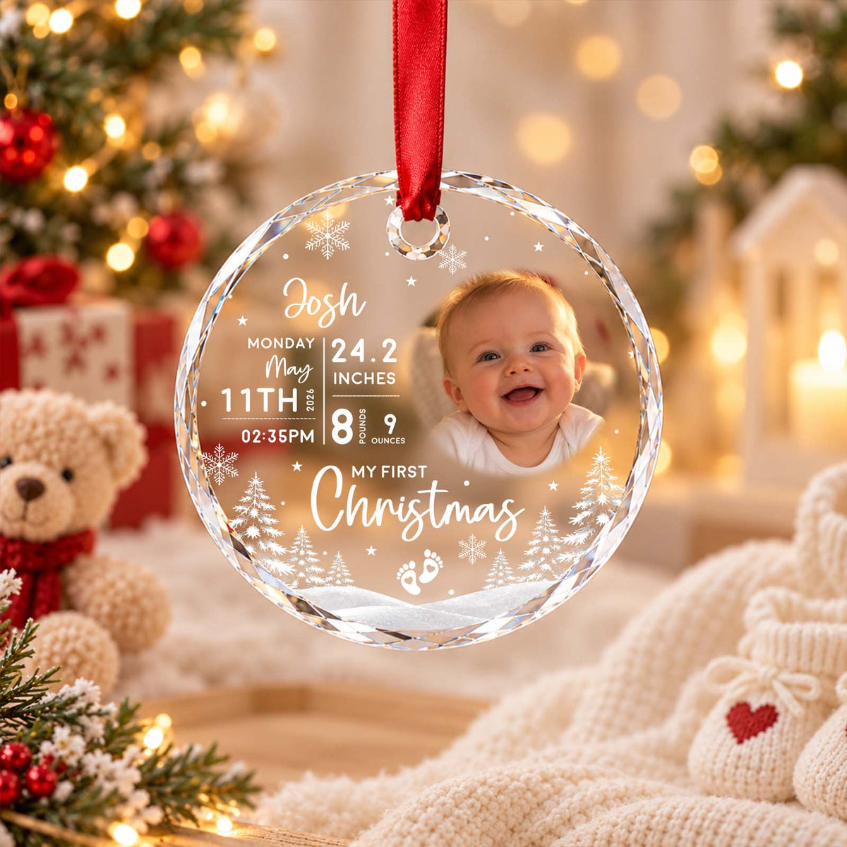 Personalized Baby First Christmas Ornament – Custom Baby Photo & Birth Details LED Keepsake Gift