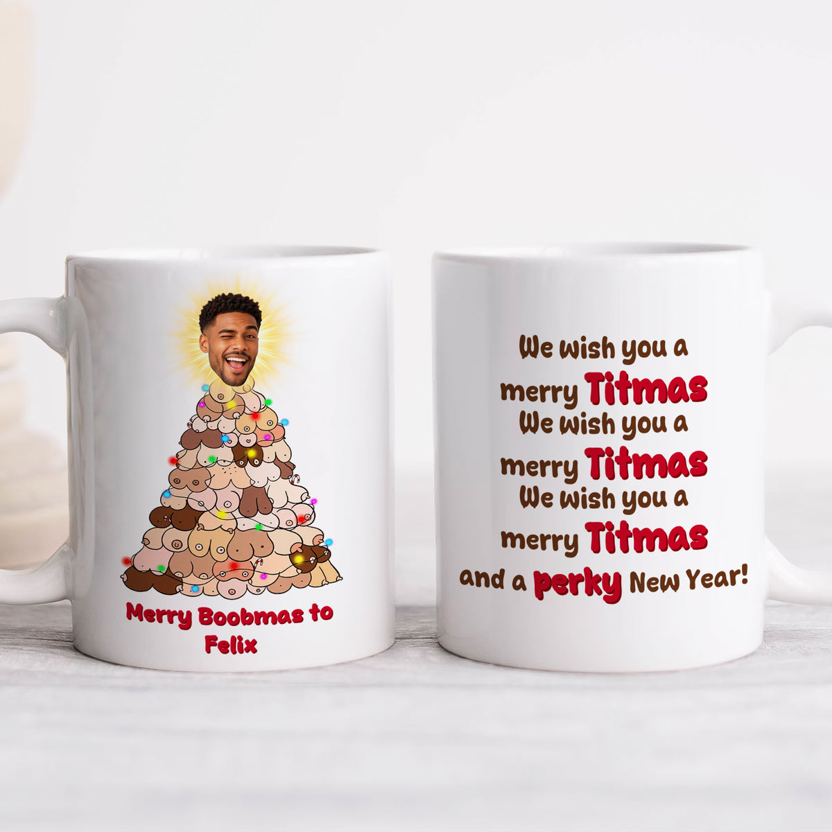 Mug de Noël en céramique personnalisé, visage et texte personnalisés, cadeau amusant pour les fêtes