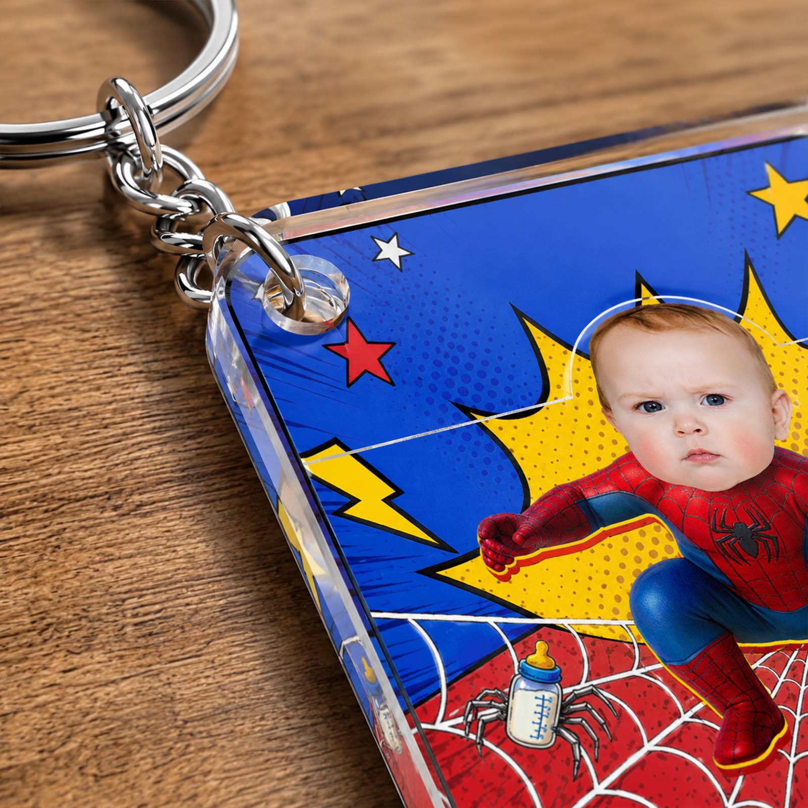 Personalized Spider-Baby Hidden Photo Keychain – Custom Baby Superhero Keepsake Gift