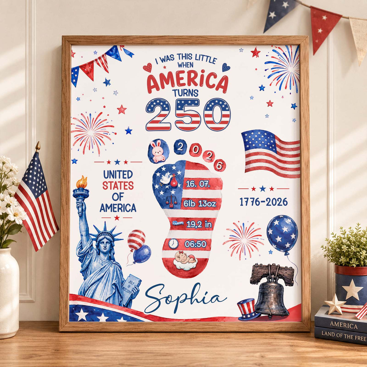 Personalized Baby Footprint Art – America 250 Anniversary Edition, Custom Birth Stats Nursery Decor