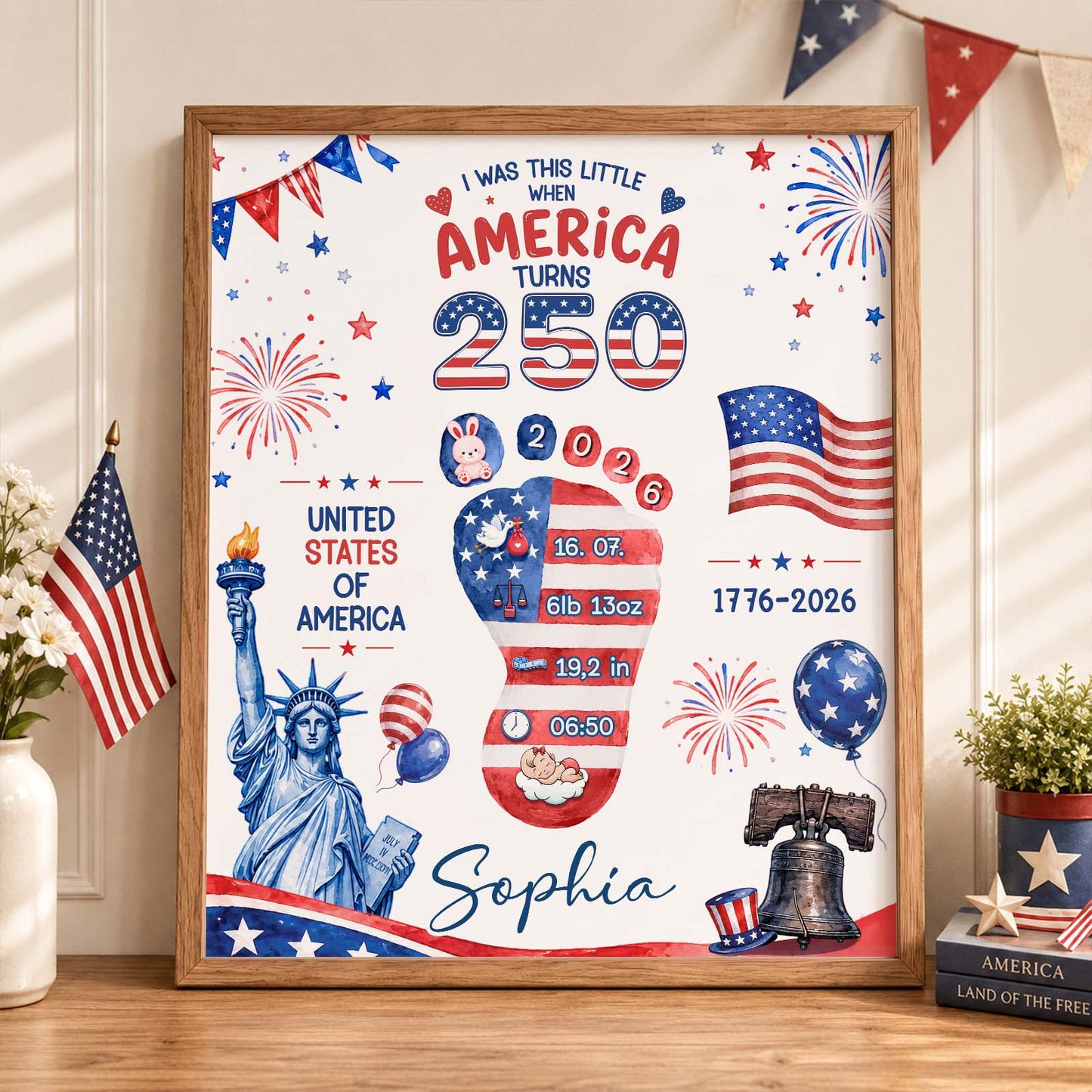 Personalized Baby Footprint Art – America 250 Anniversary Edition, Custom Birth Stats Nursery Decor