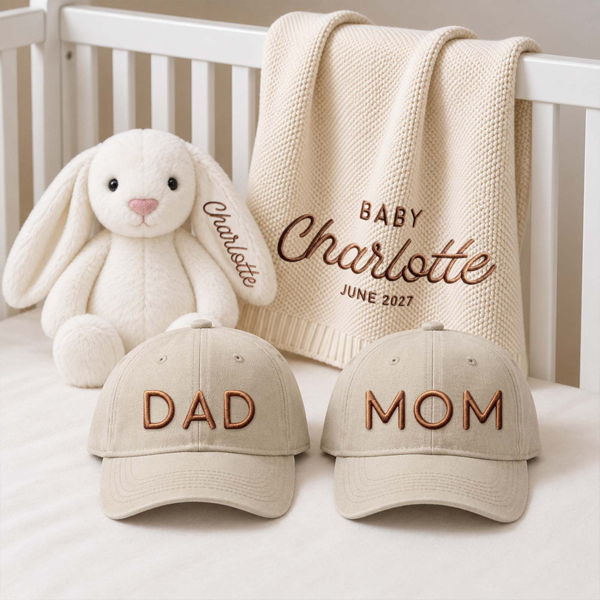 Personalized Baby Shower Gift Set, Custom Baby Bodysuit, Blanket & Mom Dad Hats