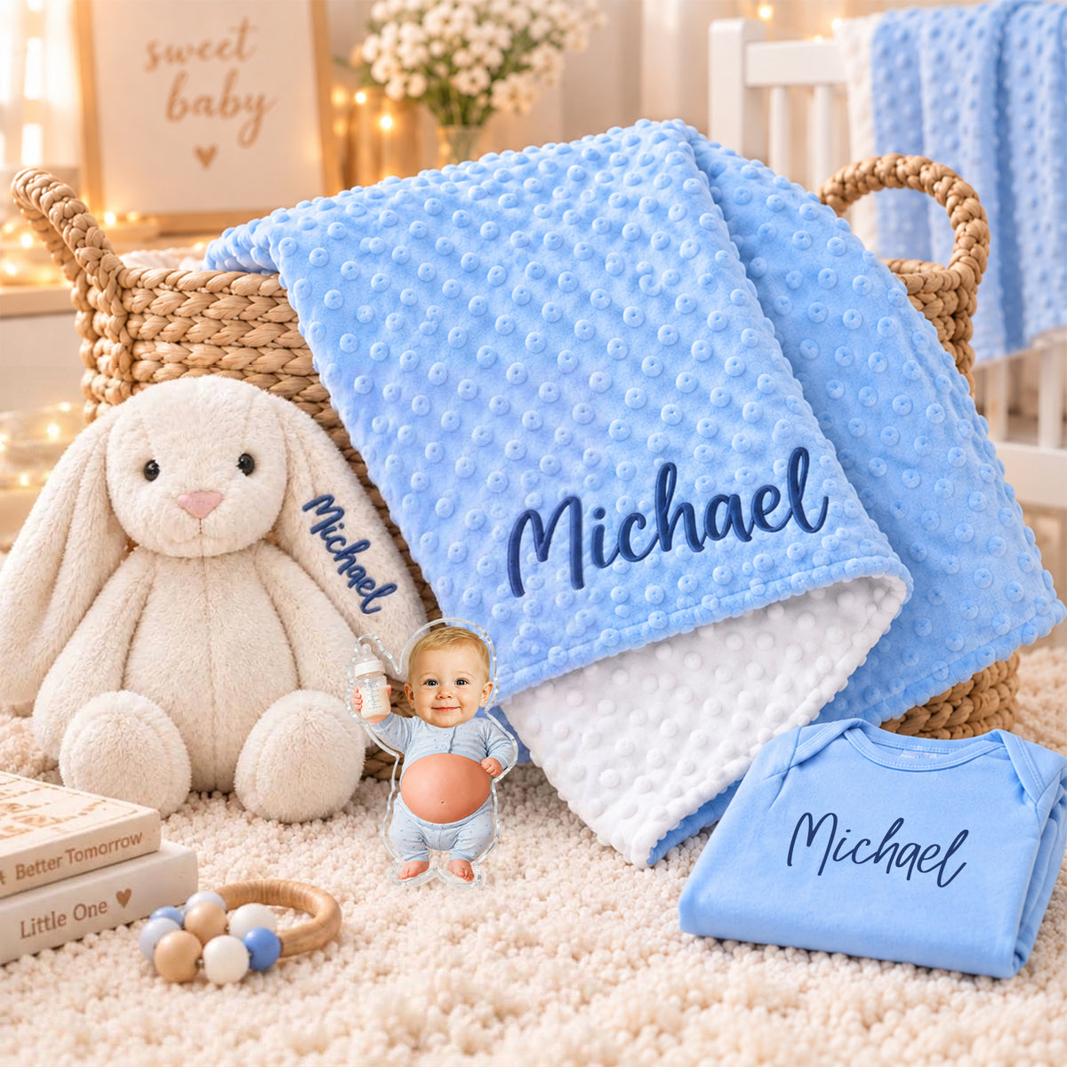 Personalized Newborn Gift Set, Custom Baby Bodysuit, Blanket & Plush Rabbit