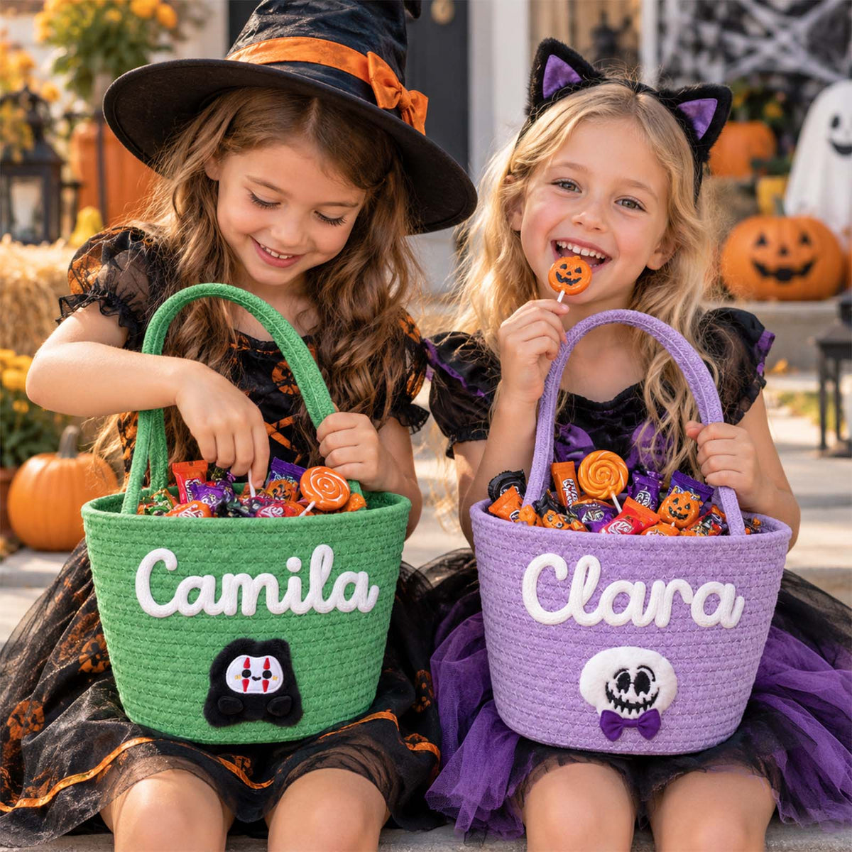 Personalized Handheld Round Basket, Custom Name Halloween Candy Basket