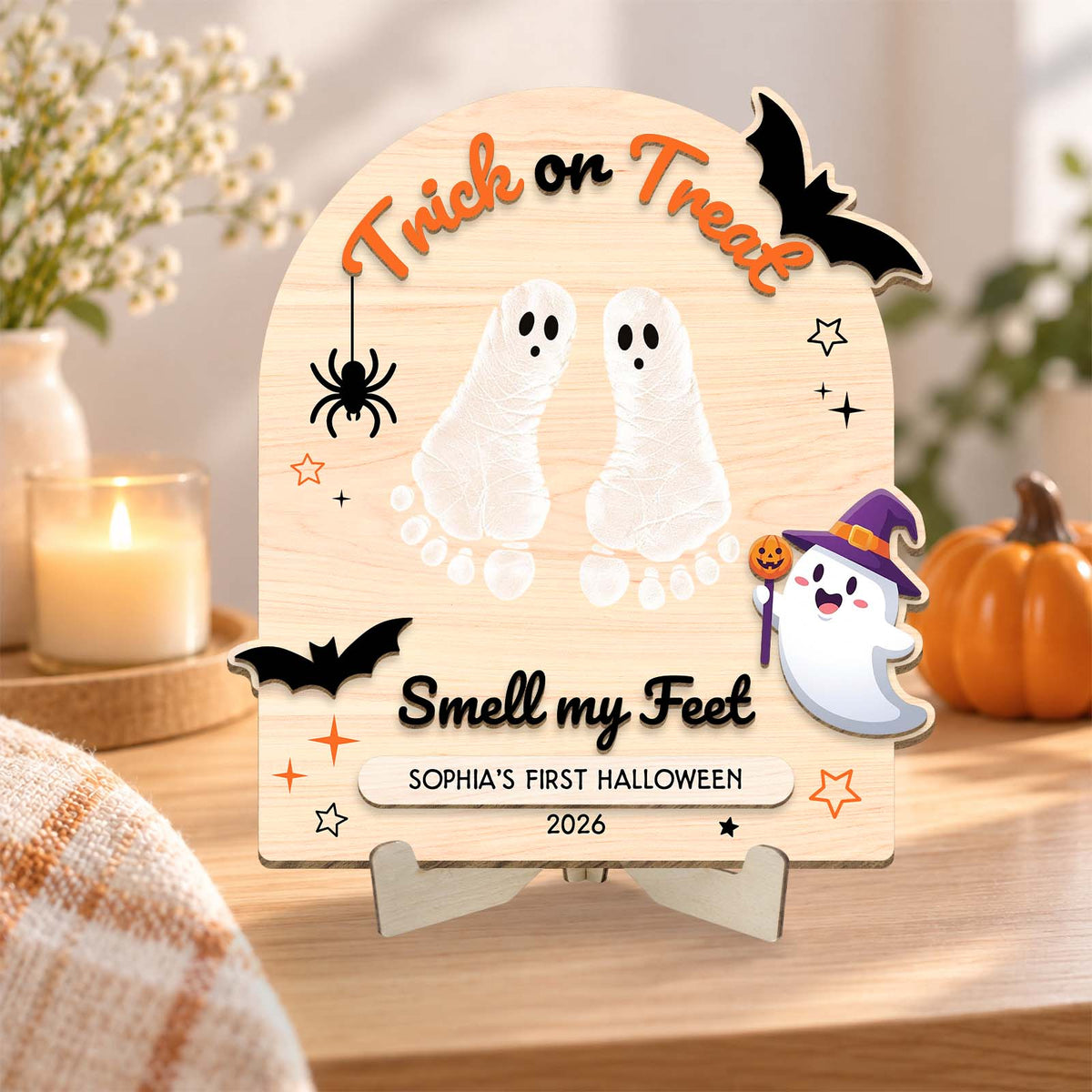 Personalized First Halloween Keepsake Wooden Sign, Custom Baby Halloween Footprint Decor
