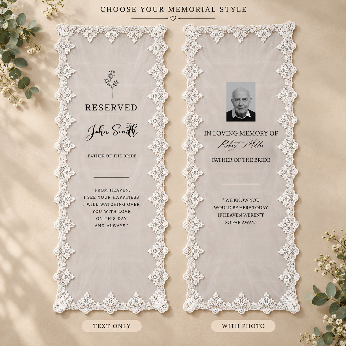 Personalized Wedding Memorial Decor, Custom Photo Pin & Lace Yarn Hanging