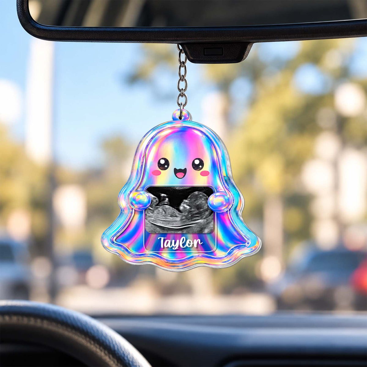Cute Holographic Ghost Sonogram Shaker Keychain - Custom Baby Ultrasound Announcement Keepsake