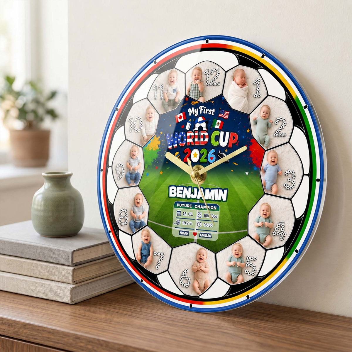 My First World Cup 2026 Baby Clock – Personalized First Year Milestone Keepsake, Custom Baby Photo Soccer Nursery Decor