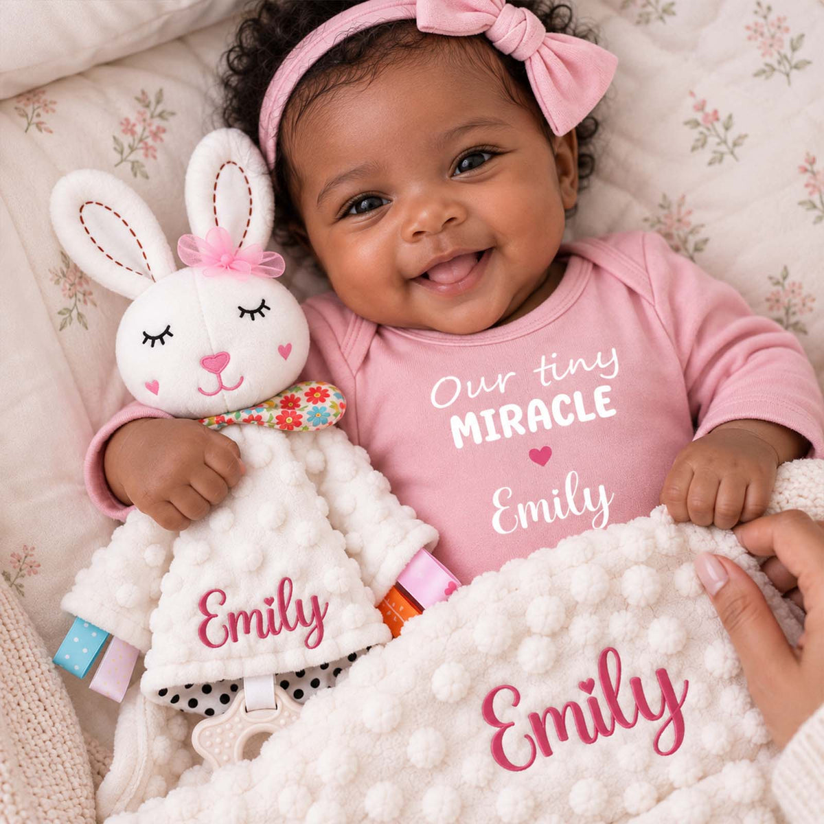 Personalized Baby Gift Set, Custom Baby Bodysuit, Bunny Lovey & Minky Blanket