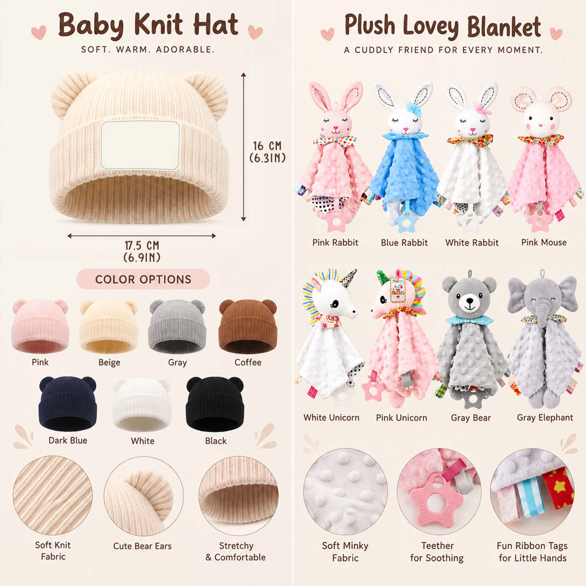 Personalized Baby Gift Set - Custom Name Knit Sweater, Bear Beanie Hat & Animal Lovey Blanket
