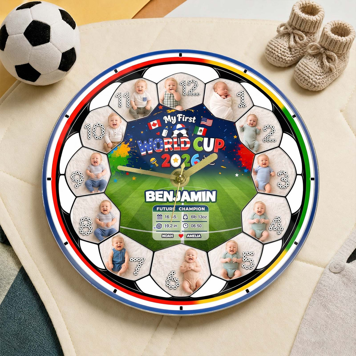 My First World Cup 2026 Baby Clock – Personalized First Year Milestone Keepsake, Custom Baby Photo Soccer Nursery Decor