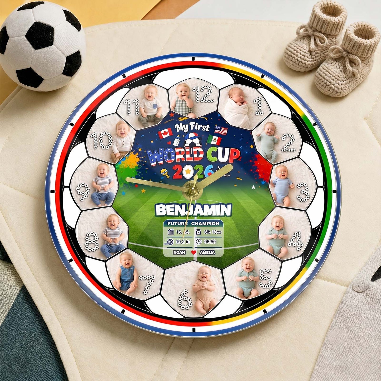 My First World Cup 2026 Baby Clock – Personalized First Year Milestone Keepsake, Custom Baby Photo Soccer Nursery Decor