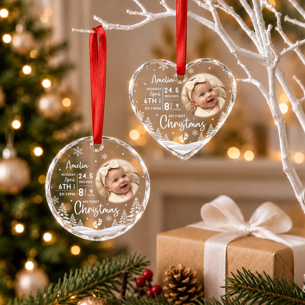 Personalized Baby First Christmas Ornament – Custom Baby Photo & Birth Details LED Keepsake Gift