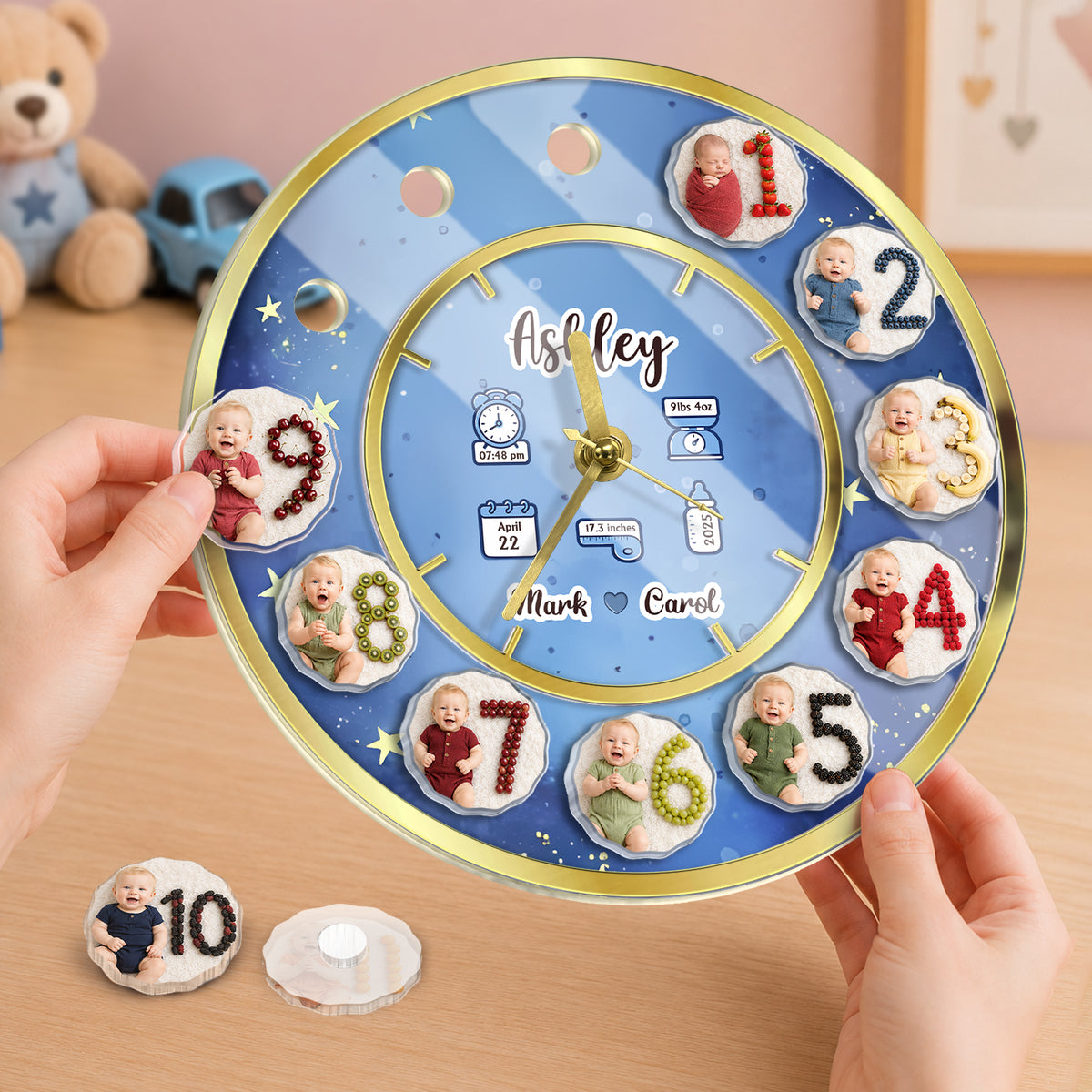 Personalized Baby Milestone Clock – Custom Number, Baby Photos & Birth Details Keepsake